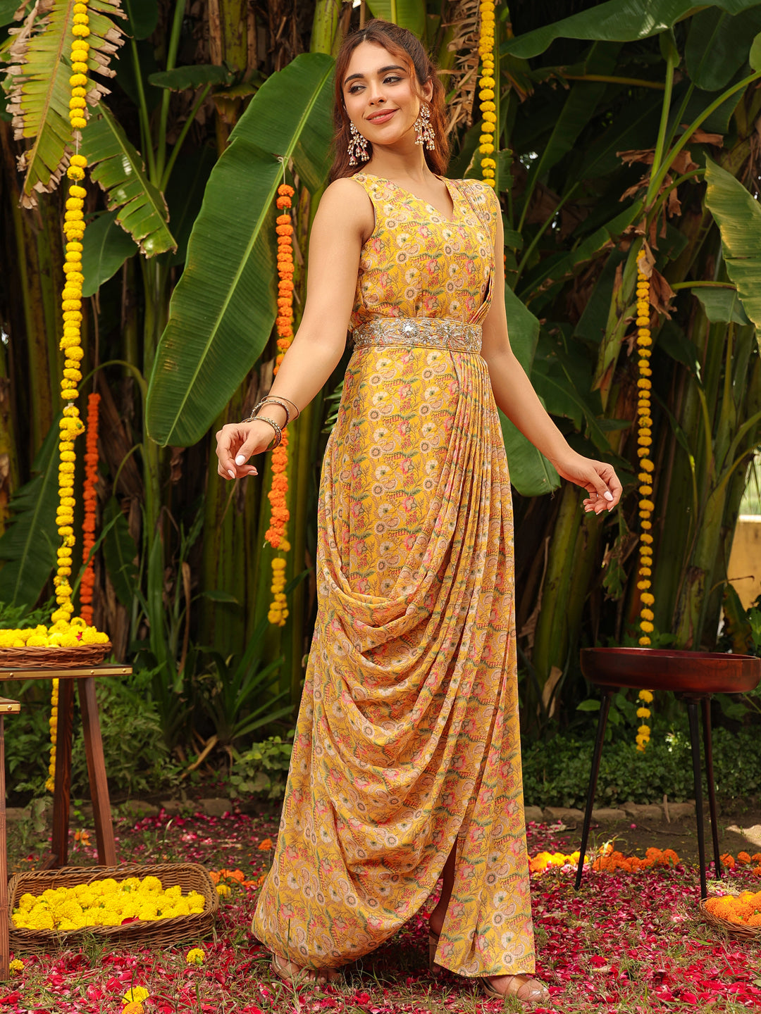 Mustard Georgette Floral Ready To Wear Dress Saree