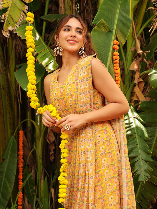 Mustard Georgette Floral Ready To Wear Dress Saree