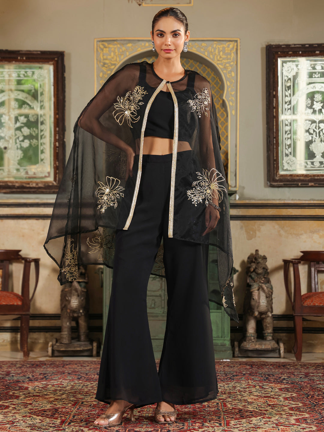 Black Georgette Zari Embroidered Crop Top With Pant & Cape Set