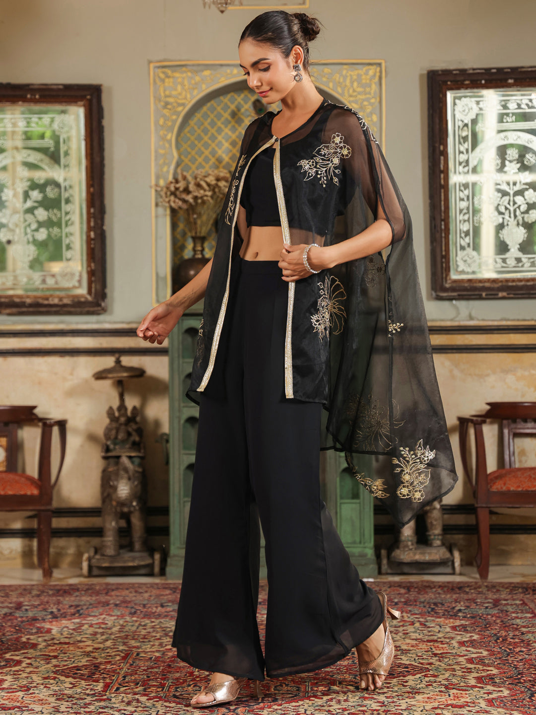 Black Georgette Zari Embroidered Crop Top With Pant & Cape Set