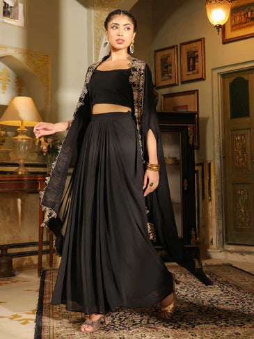 Black Georgette Zari Embroidered Crop Top With Skirt & Cape Set