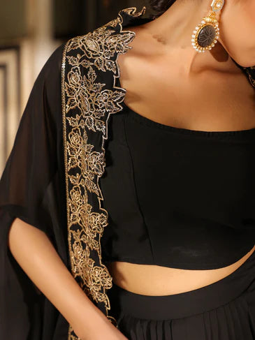 Black Georgette Zari Embroidered Crop Top With Skirt & Cape Set