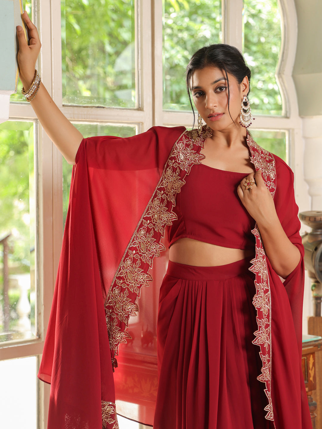 Maroon Georgette Zari Embroidered Crop Top With Skirt & Cape Set