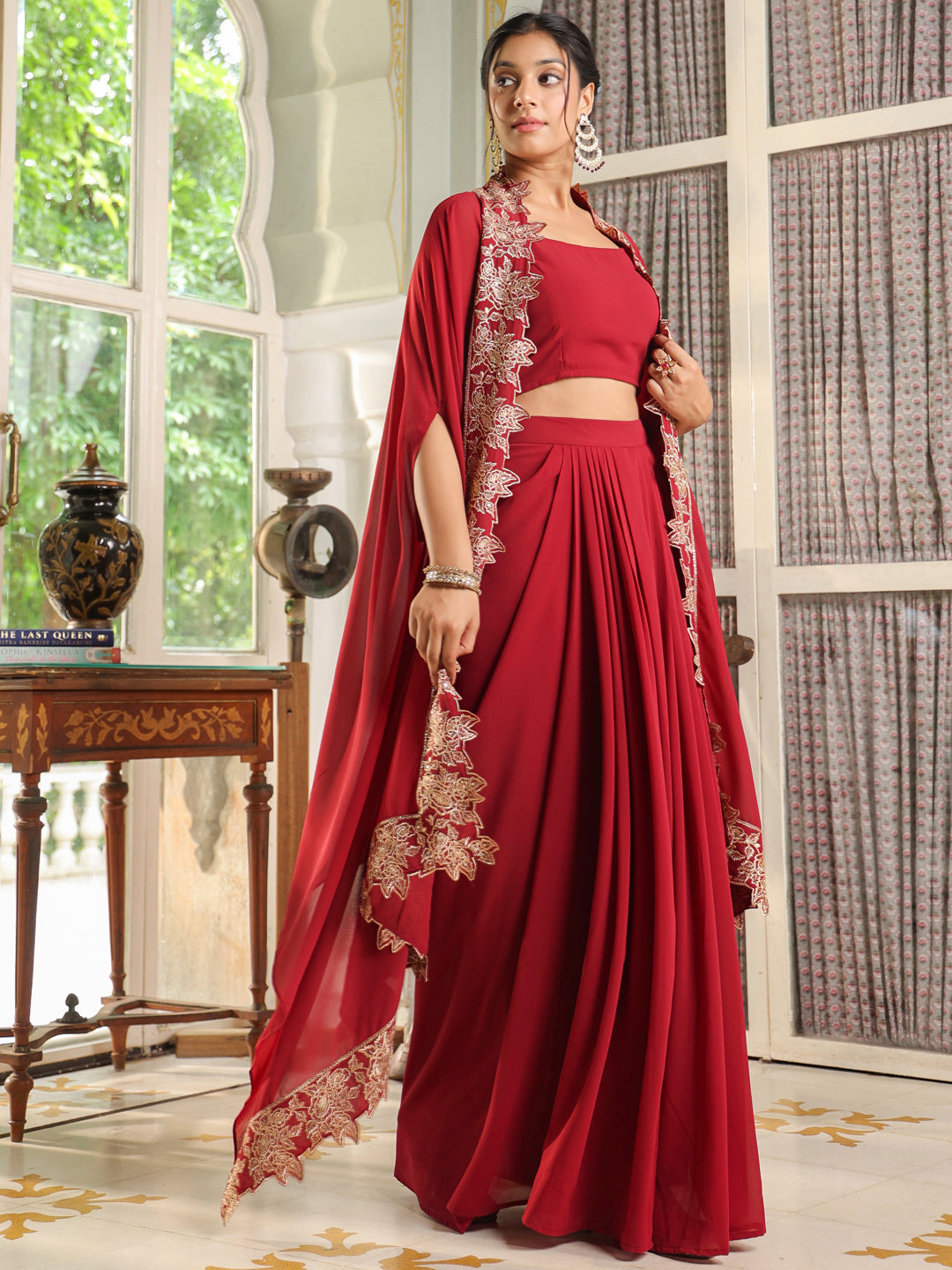 Maroon Georgette Zari Embroidered Crop Top With Skirt & Cape Set