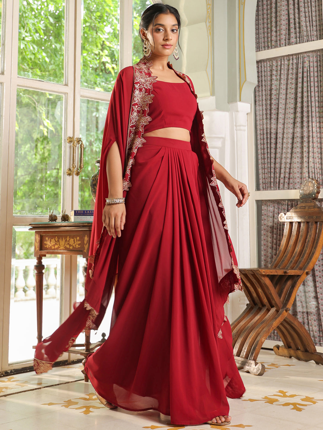 Maroon Georgette Zari Embroidered Crop Top With Skirt & Cape Set