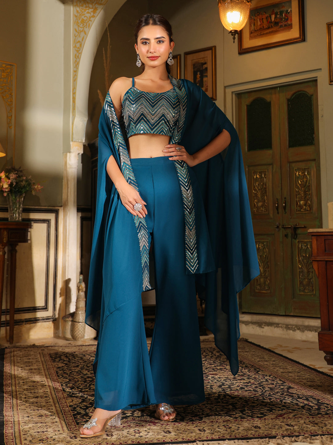 Teal Blue Georgette Sequined Crop Top With Pant & Cape Set