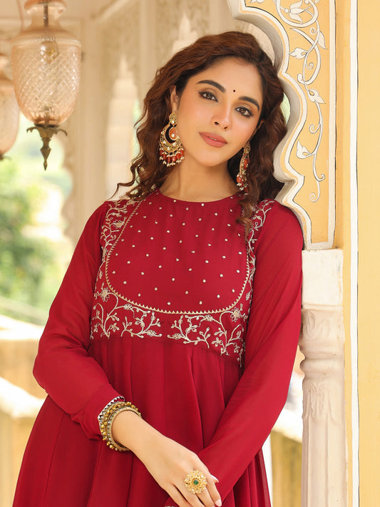 Maroon Georgette Embroidered Anarkali Kurta Set