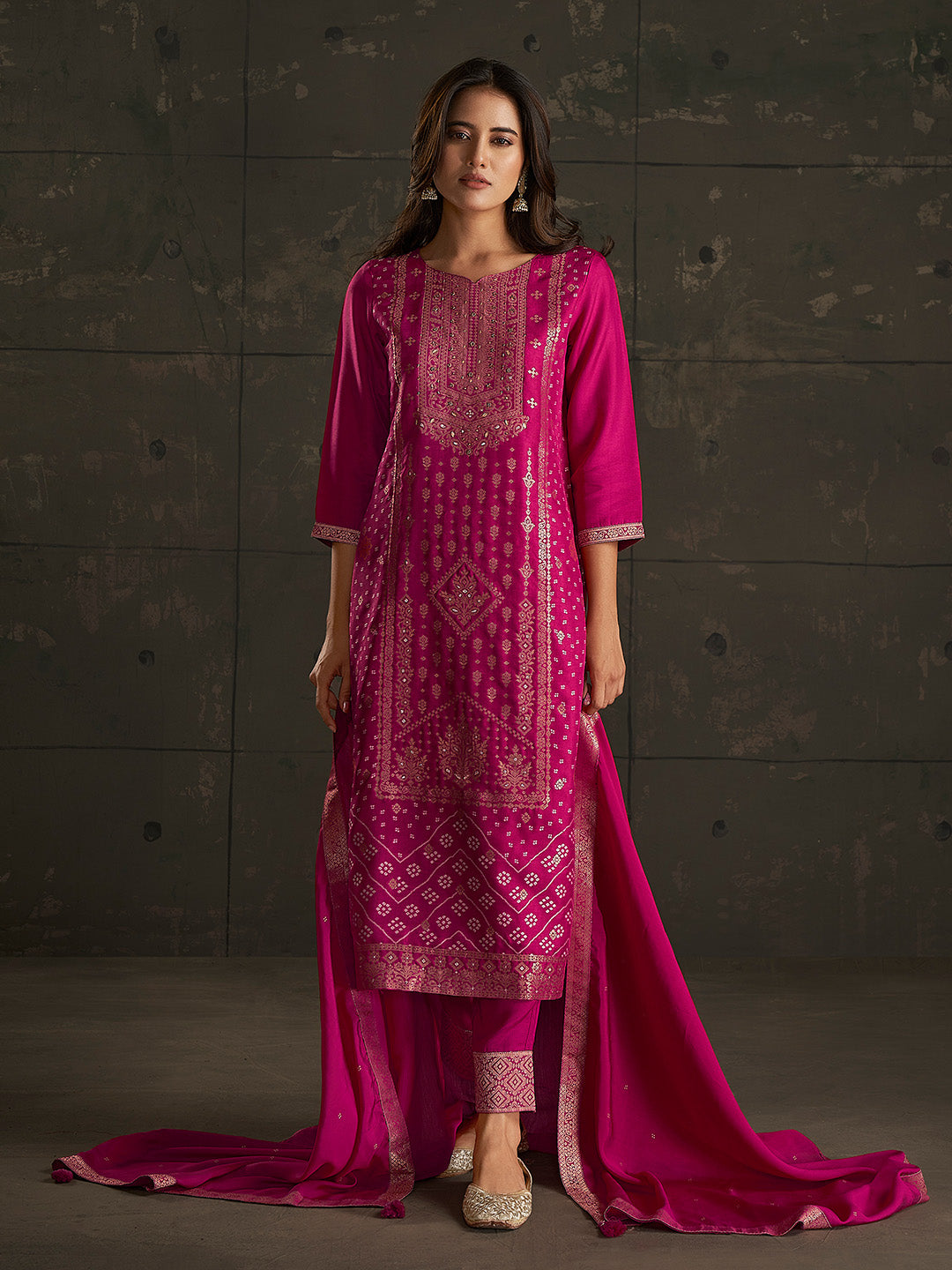 Pink Jacquard Ethnic Motifs Straight Kurta Set