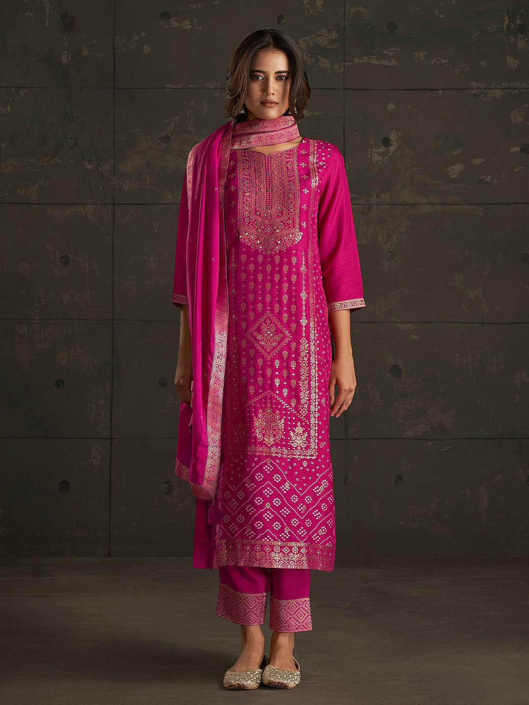 Pink Jacquard Ethnic Motifs Straight Kurta Set