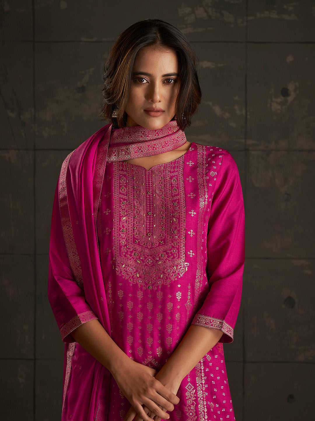 Pink Jacquard Ethnic Motifs Straight Kurta Set