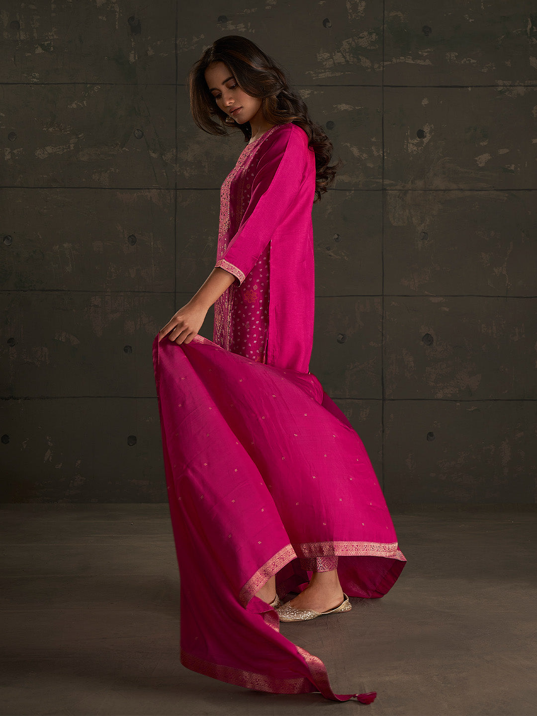 Pink Jacquard Ethnic Motifs Straight Kurta Set