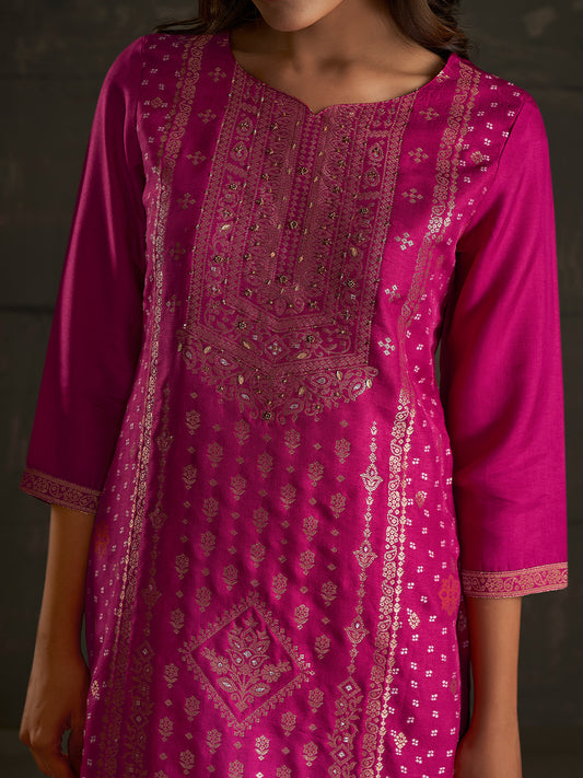 Pink Jacquard Ethnic Motifs Straight Kurta Set