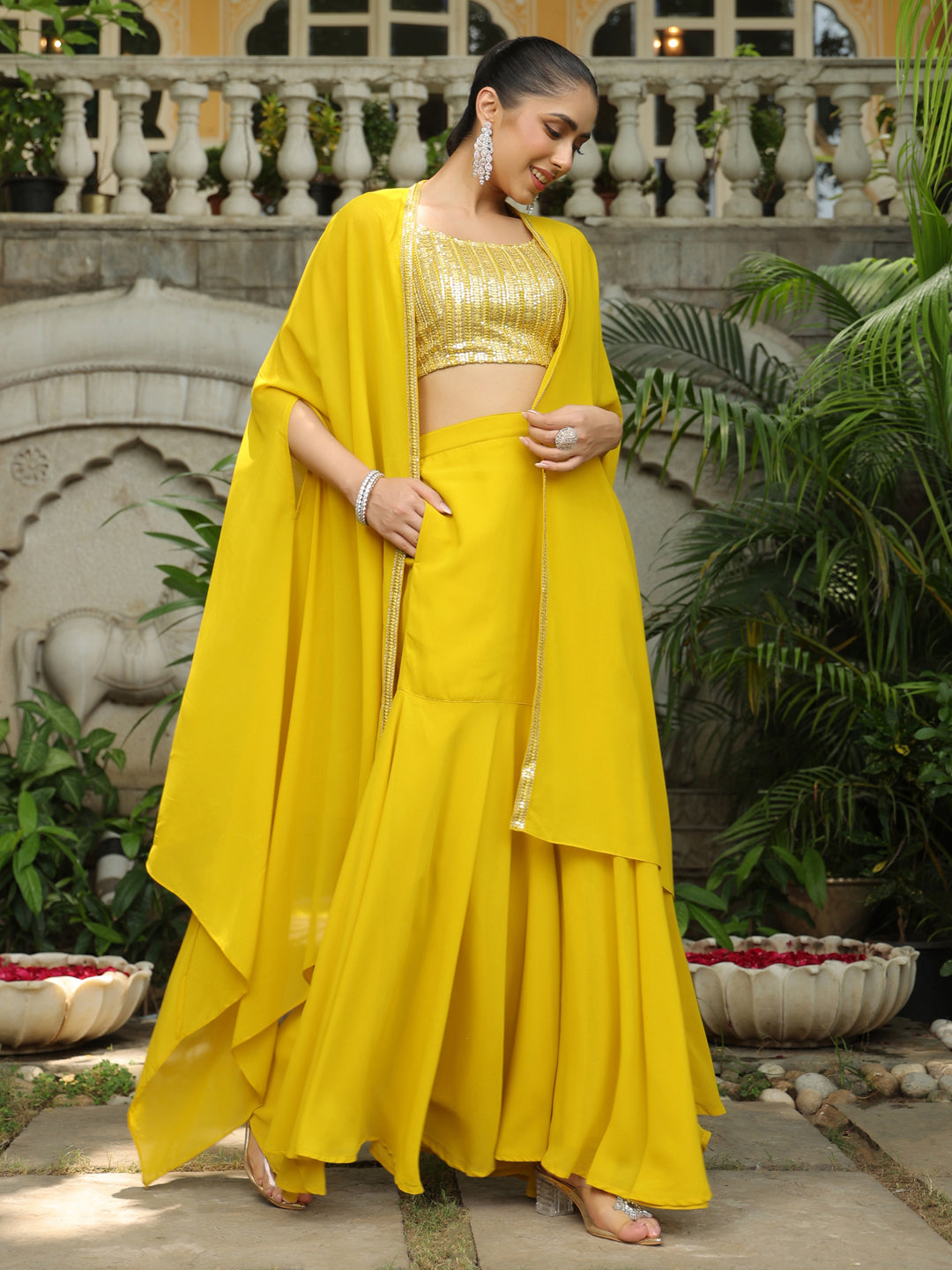 Yellow Georgette Sequined Crop Top With Sharara & Cape Set