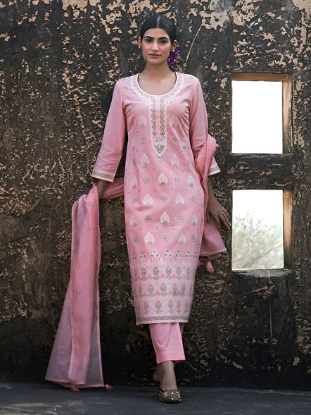 Peach Cotton Woven Design Kurta with Pant and Dupatta