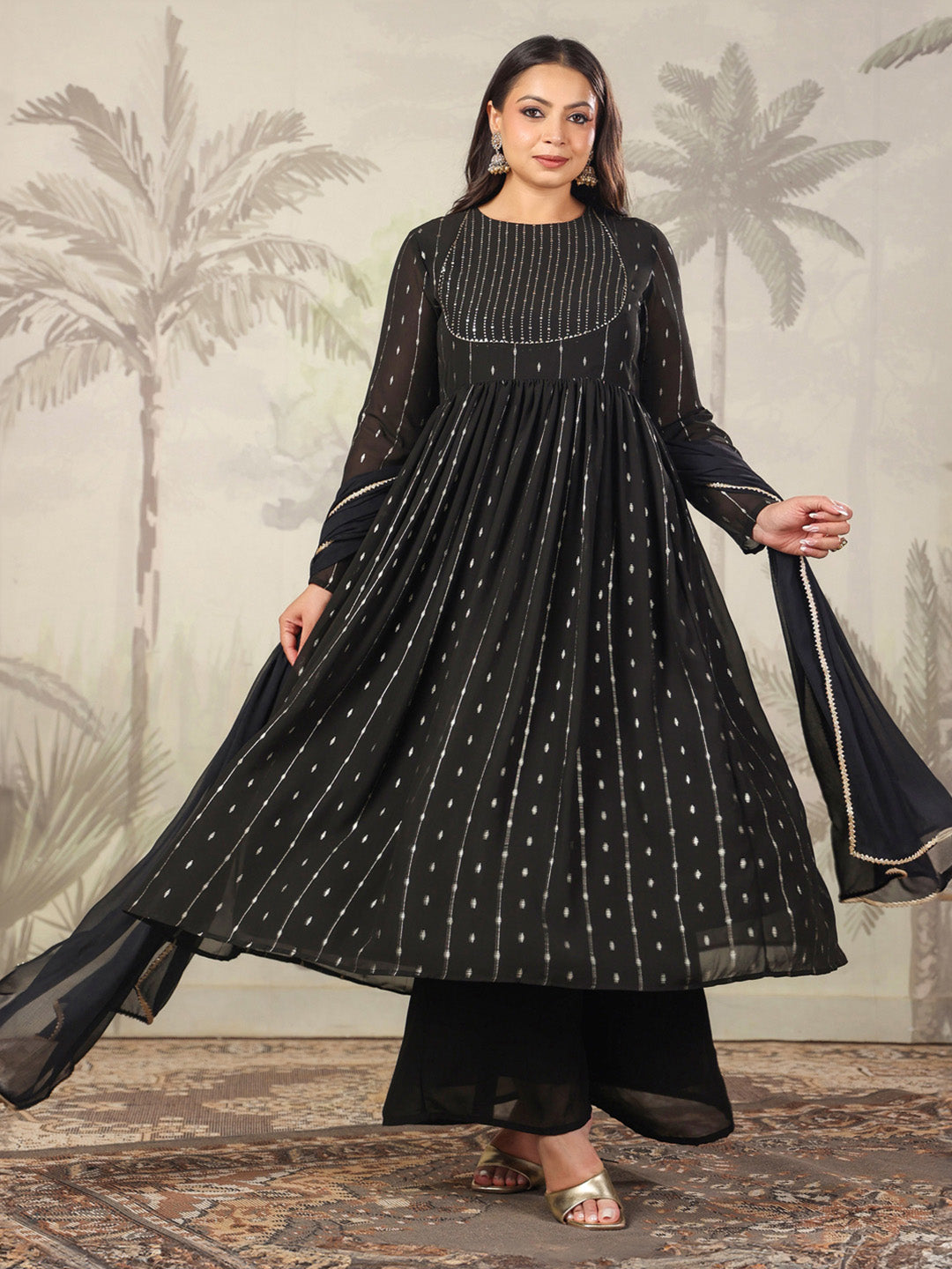 Black Georgette Foil Printed Anarkali Kurta Set