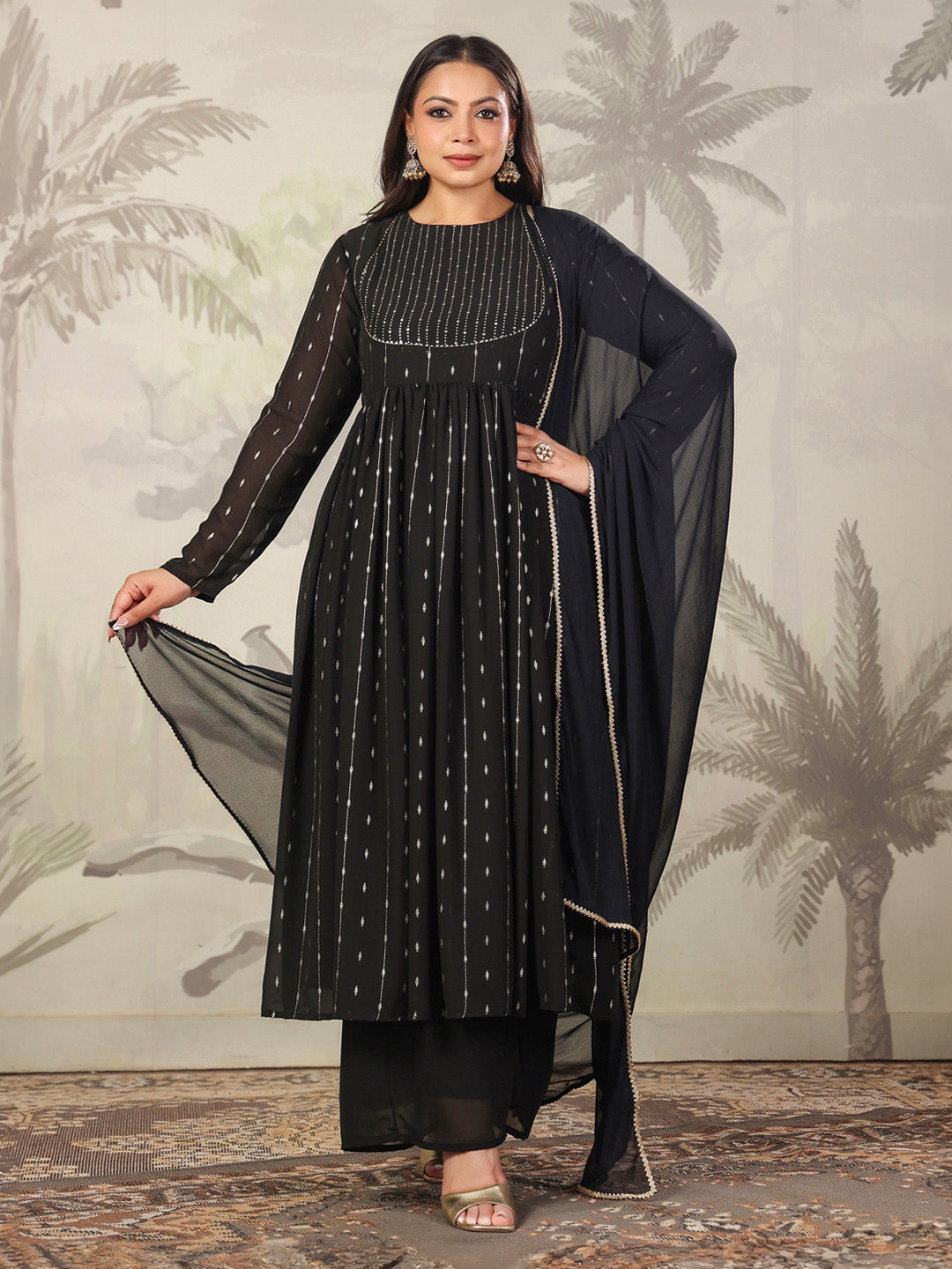 Black Georgette Foil Printed Anarkali Kurta Set