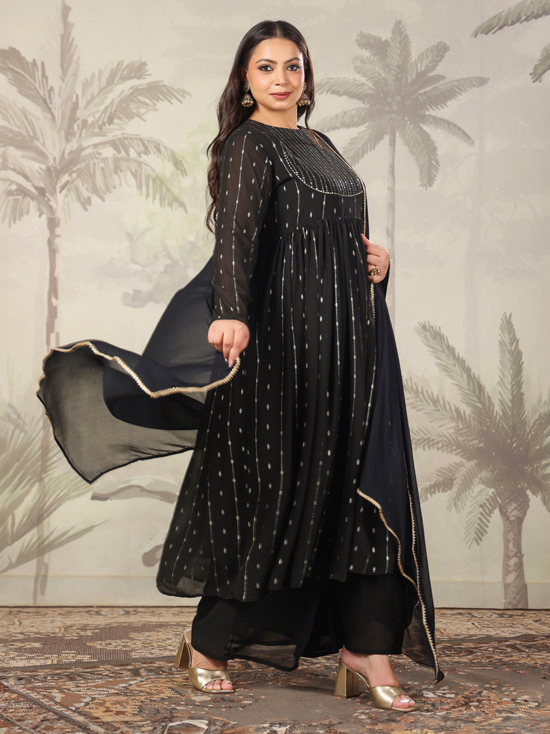 Black Georgette Foil Printed Anarkali Kurta Set