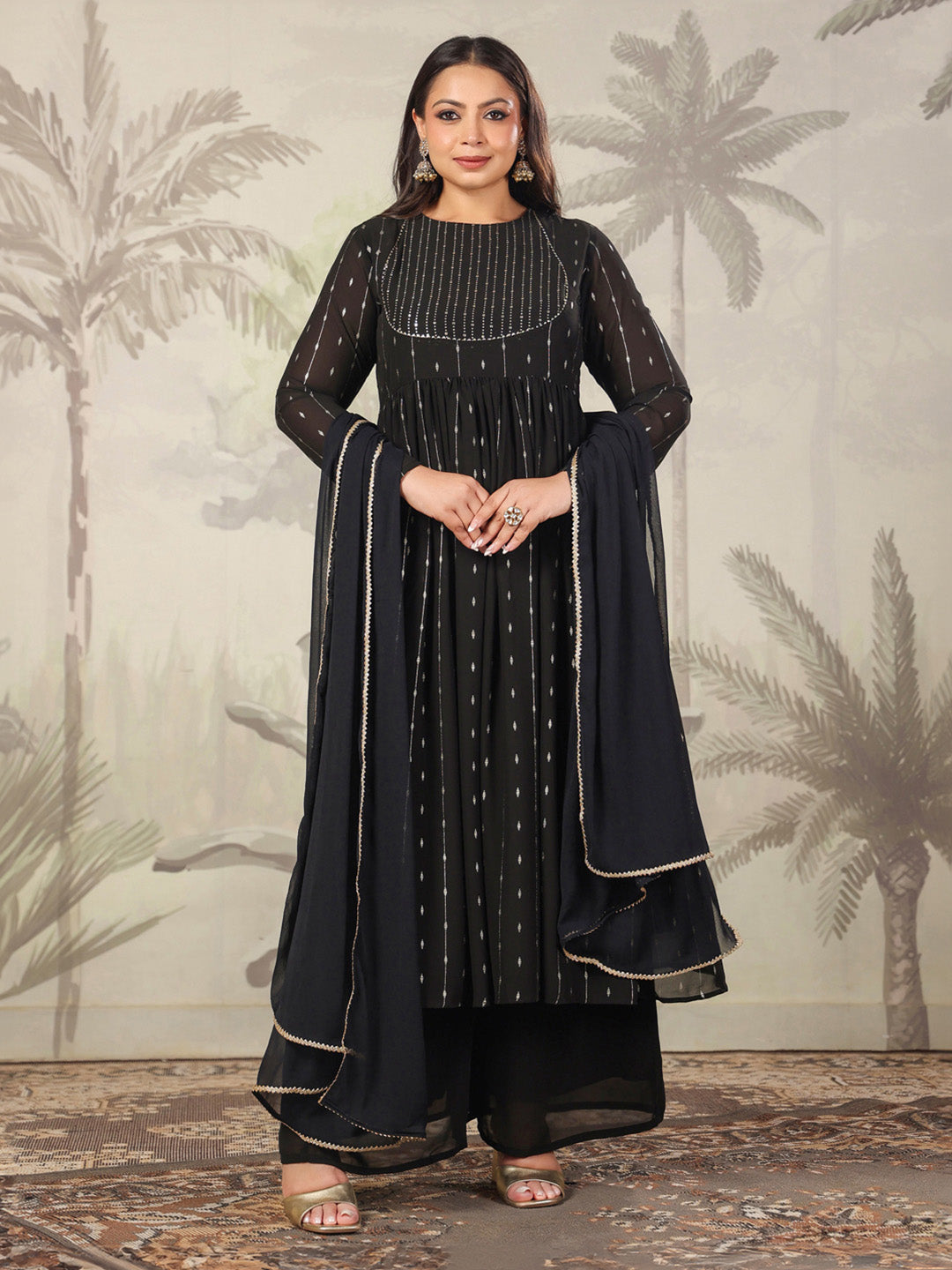 Black Georgette Foil Printed Anarkali Kurta Set