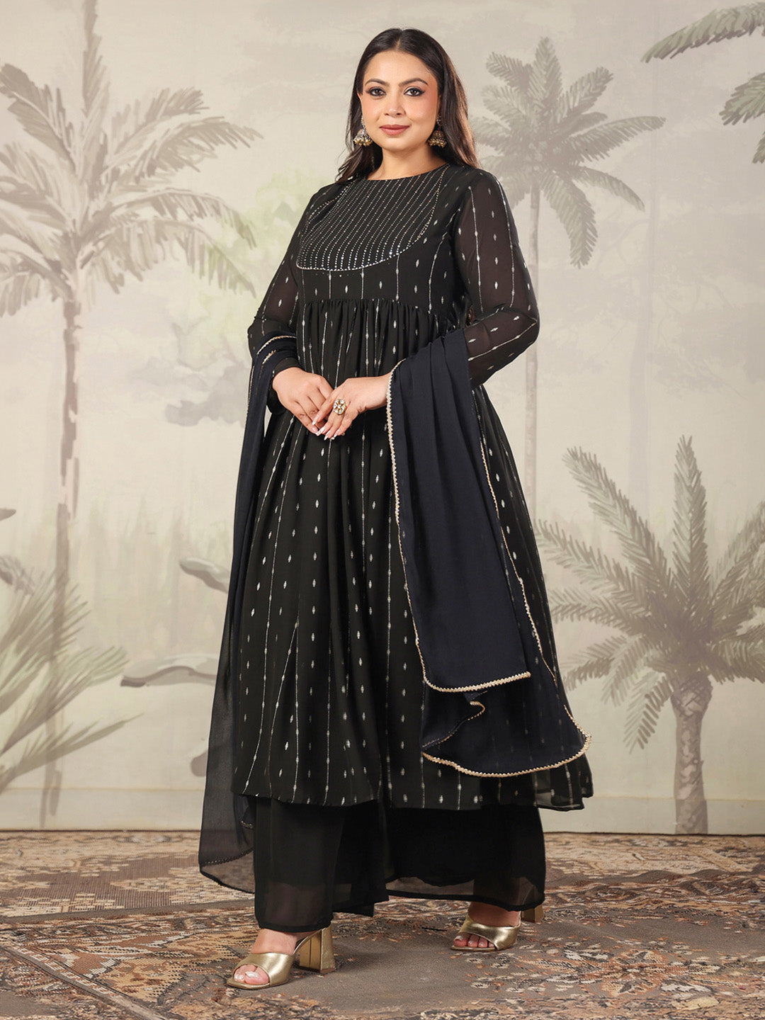 Black Georgette Foil Printed Anarkali Kurta Set